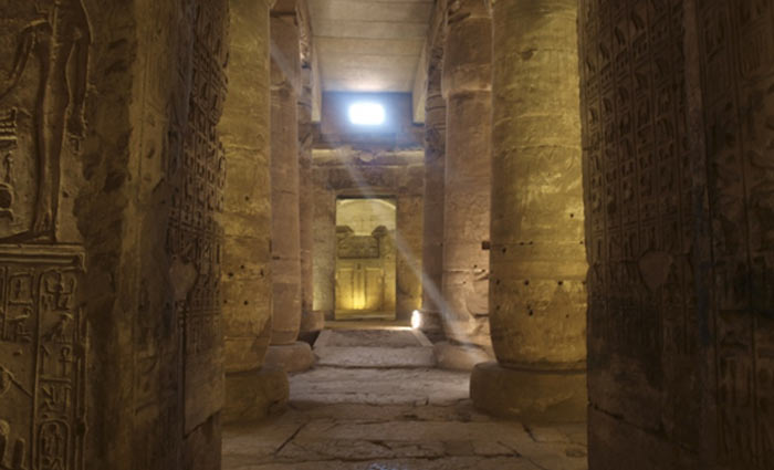 A view down the axis of the hypostyle hall at Abydos